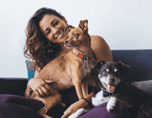 Smiling pet parent sitting on a couch with two small dogs